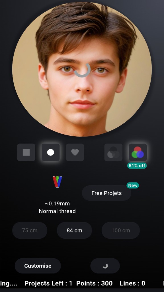 Thread Art: project setup with preview, size options, and controls
