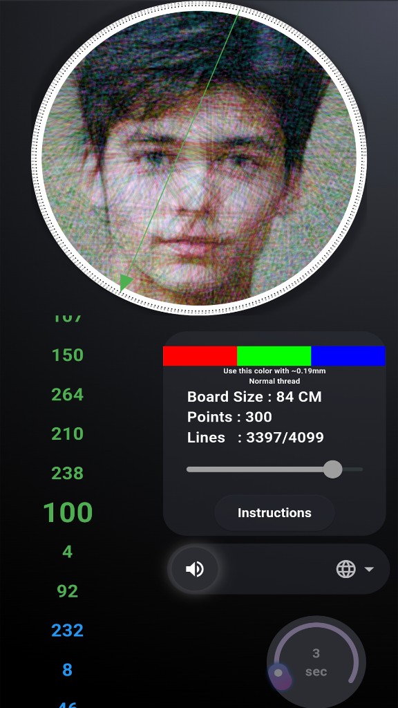 Thread Art: interactive stringing guide with pin sequence and progress